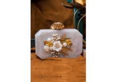 Buy Ivory Acrylic Embellished Embroidered Clutch Bag Online